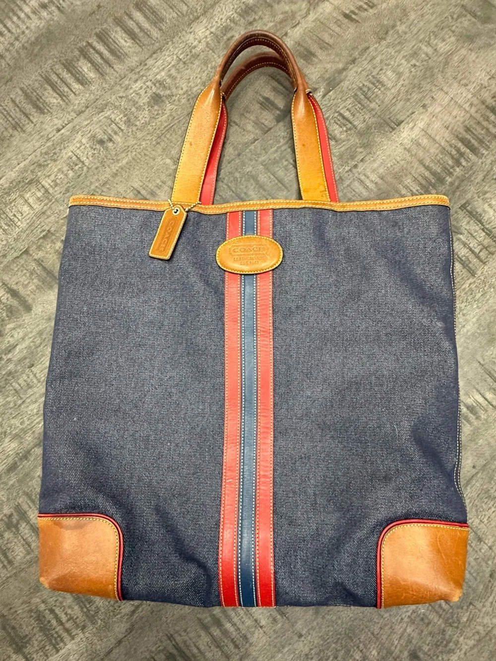 VINTAGE/Coach Navy Canvas Tote with Red and Blue Stripe and Brown Leather Trim